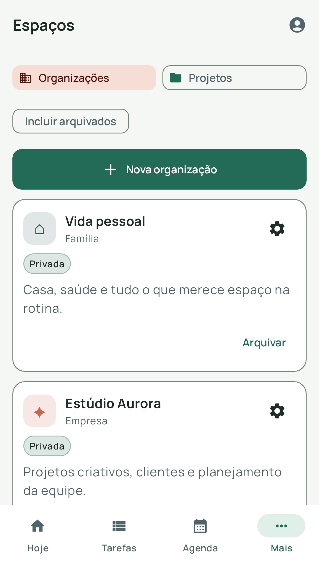Área Espaços do Norte Android com organizações de demonstração profissional e pessoal